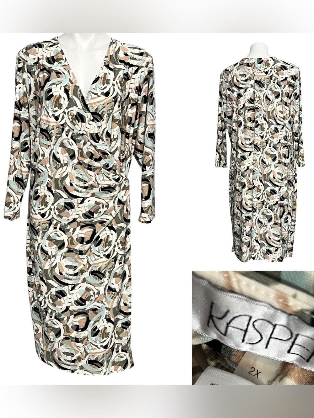 Kasper dress 2X beige MultiColor faux wrap stretch knee length office fall plus
